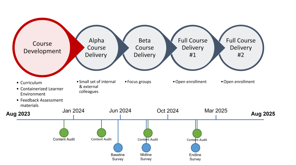 Figure showing timeline from course development starting August 2023, versioning and full course deliverylivery