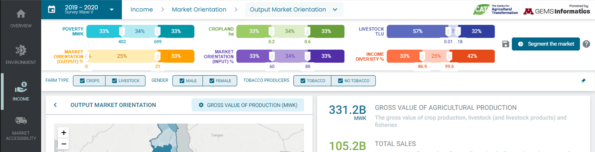 A screenshot of the Market Segmentation Tool dashboard showing the “segment the market” functionality for the output market orientation variable.