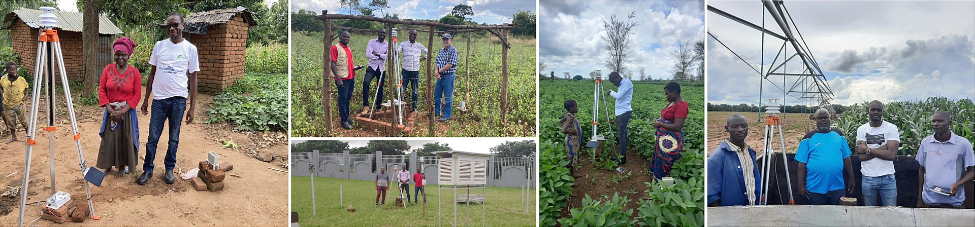 Photo collage of eight GEMS Sensing full-stack weather station deployments throughout Malawi