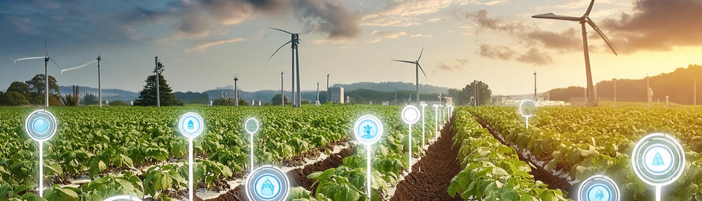 An illustration of a modern agricultural field with IoT sensors placed at various points