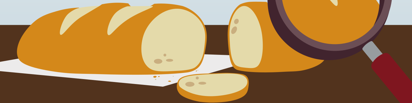 Illustration of two loafs of bread and a magnifying glass to inspect one of the loave